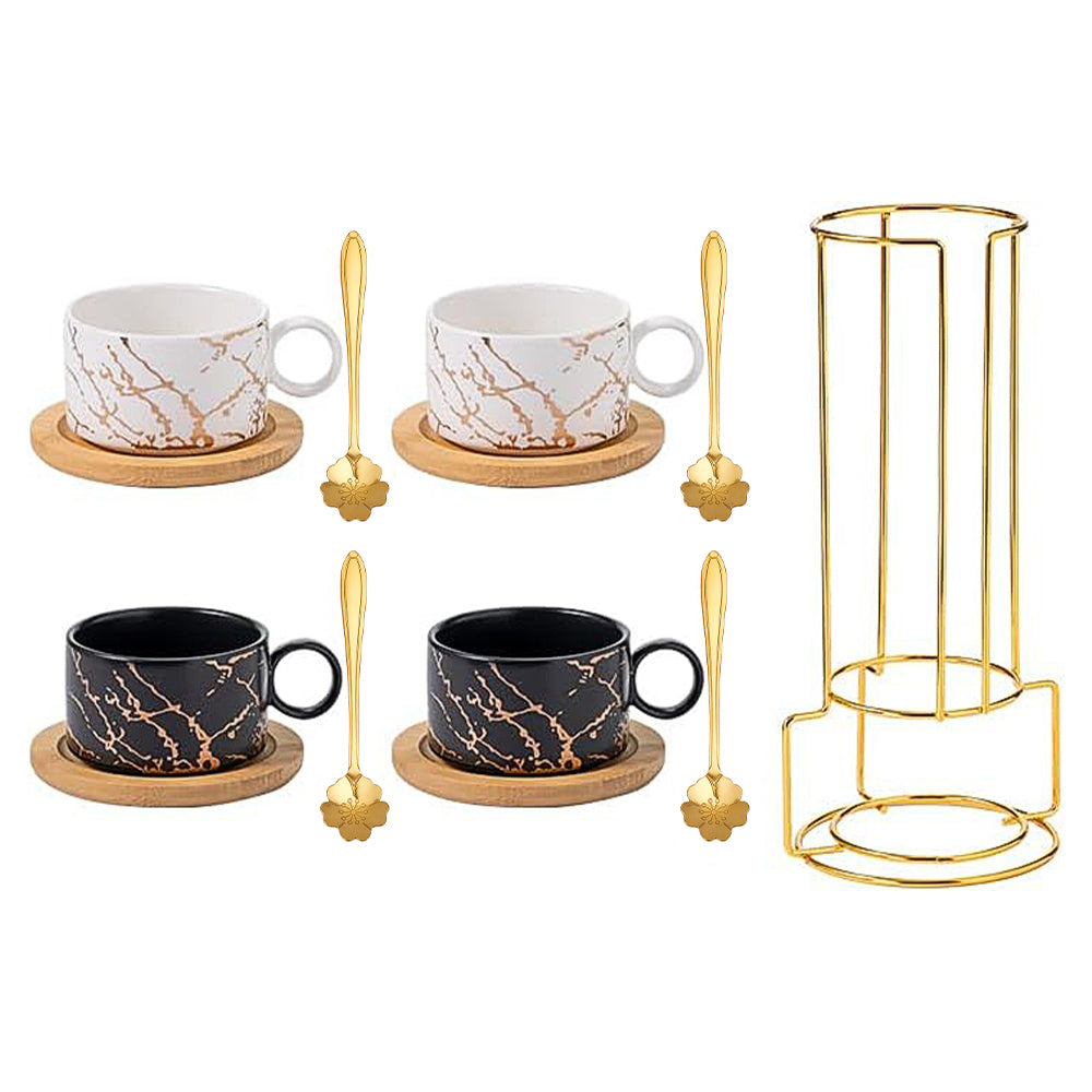 Set Of 4 Ceramic Coffee Cups With Saucers, Spoons & Metal Stand | White & Black