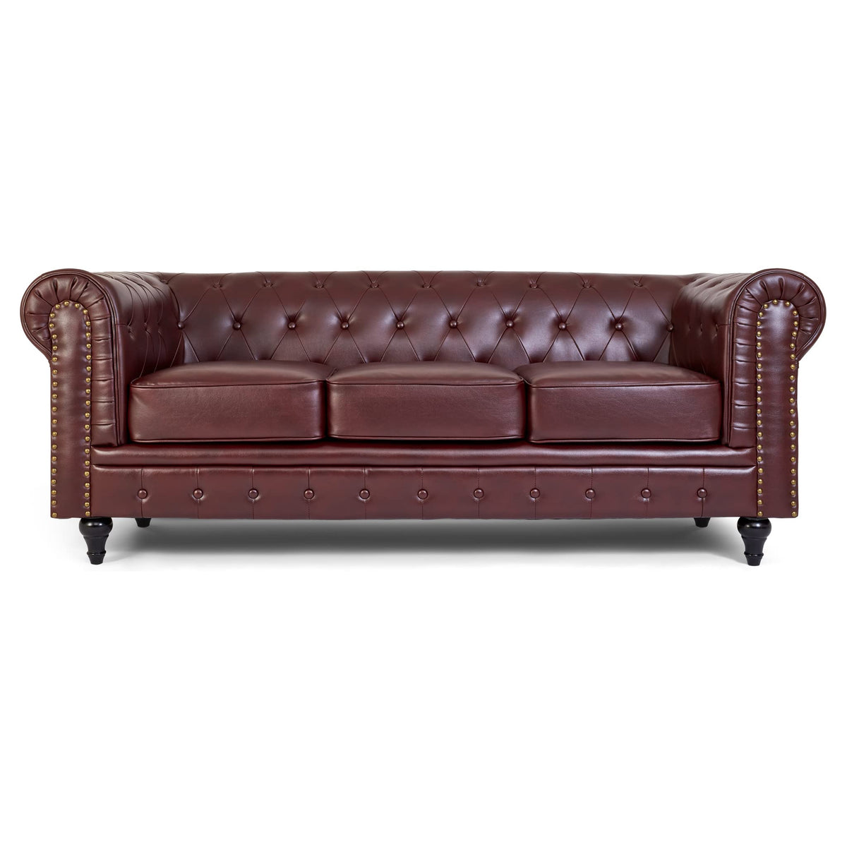 Chesterfield Scroll Arm Faux Leather Sofa 3 Seater | Brown