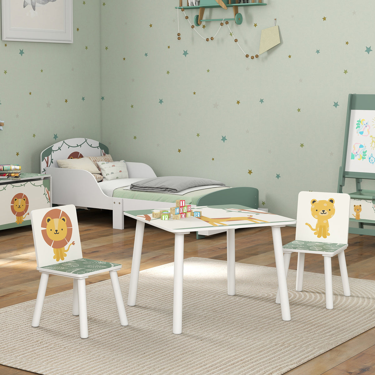 3-piece Kids Table With 2 Chairs Set For Bedroom, Nursery | Green