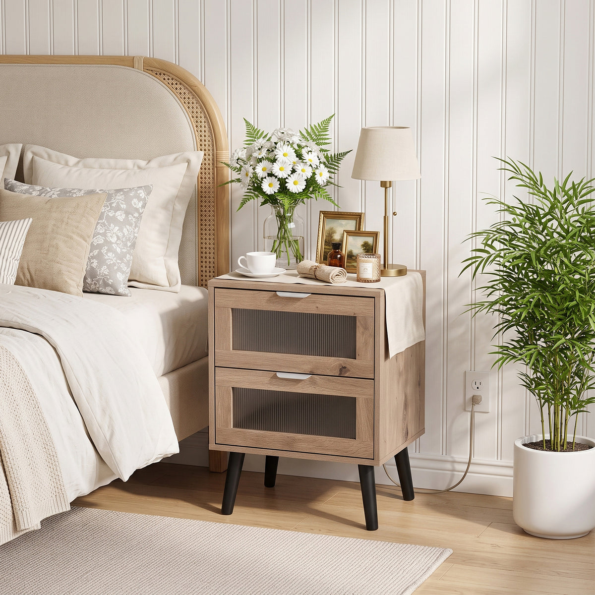 Breeins Modern Dual-drawer Bedside Table With Solid Wood Legs