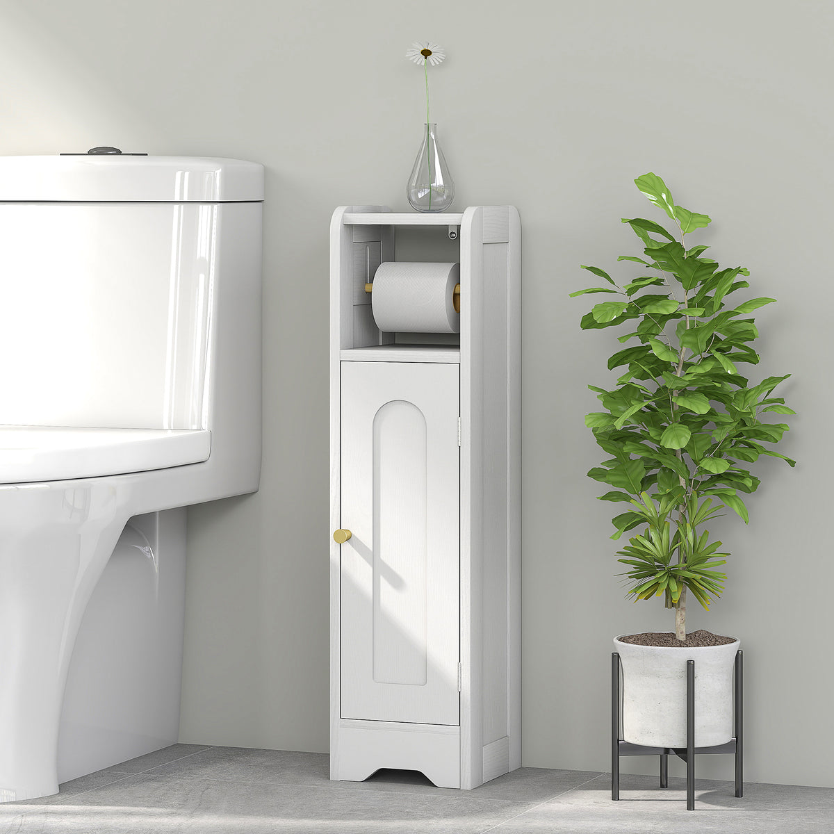 HOMCOM Toilet Roll Holder Slim Bathroom Cabinet With Adjustable Shelf White