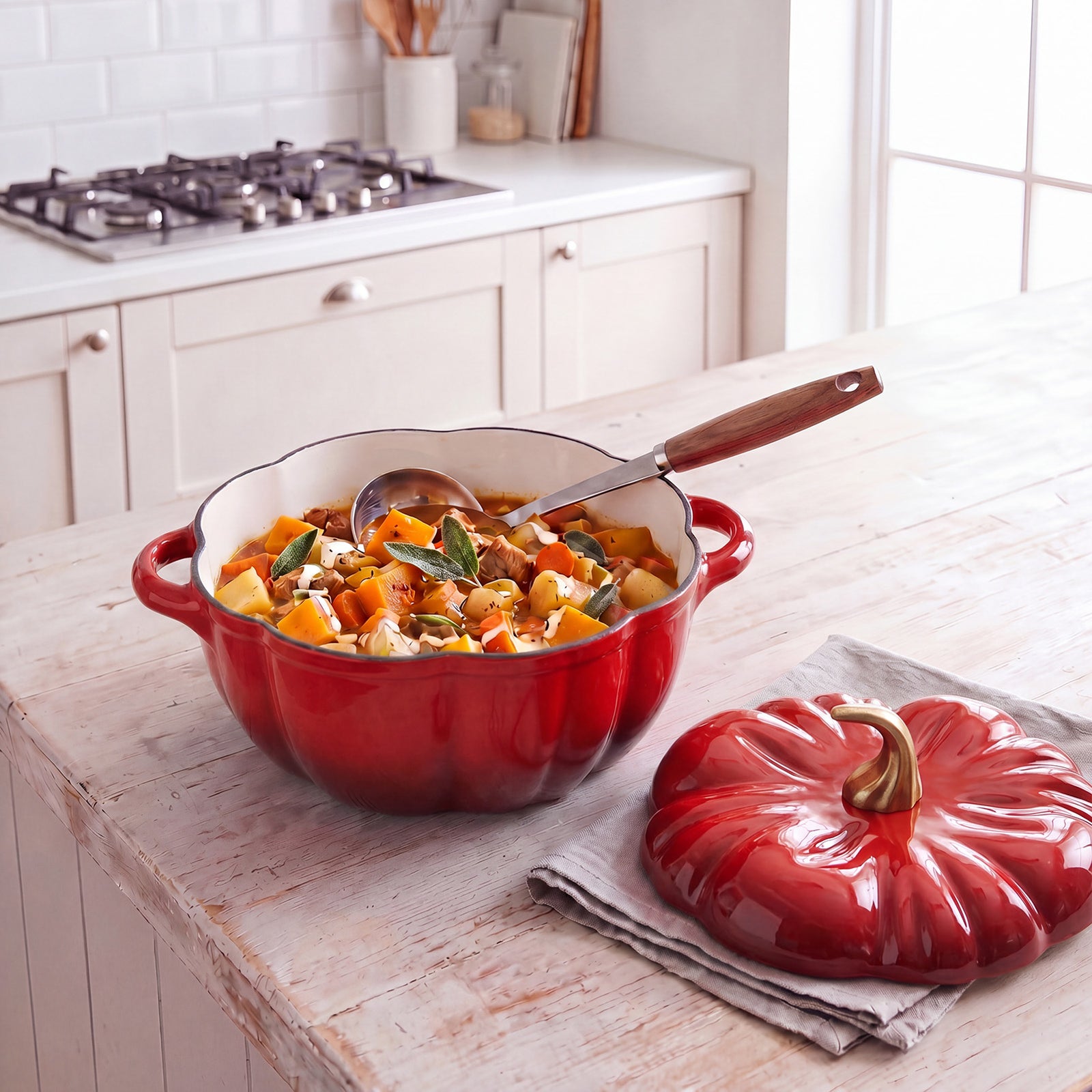 Enamelled Cast Iron Pumpkin Dutch Oven With Lid And Handles | Red