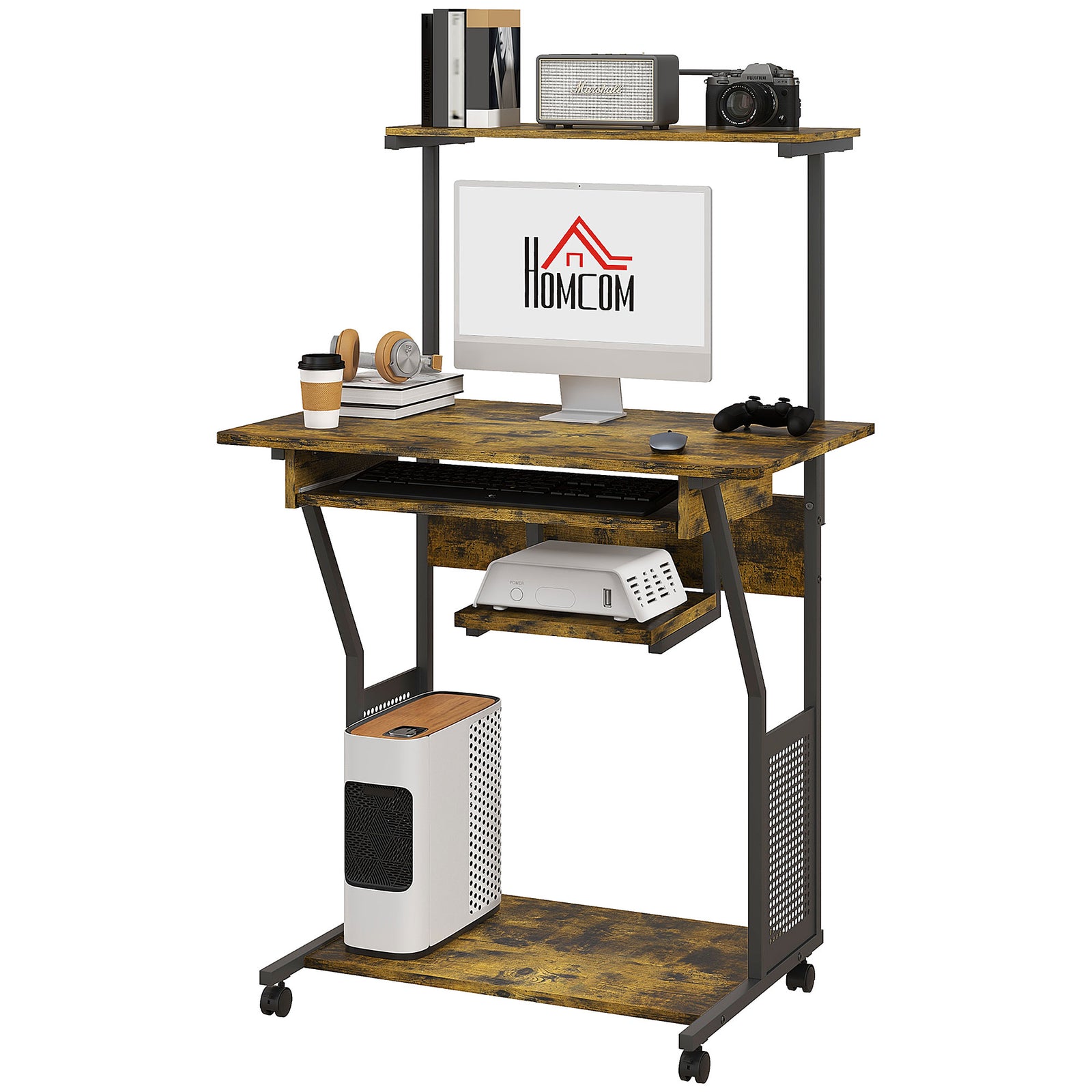Mobile Desk With Storage Shelves, Industrial