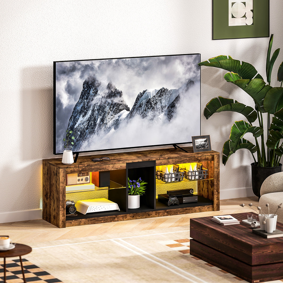HOMCOM Tv Stand, Entertainment Centre With Led Lights, Rustic Brown