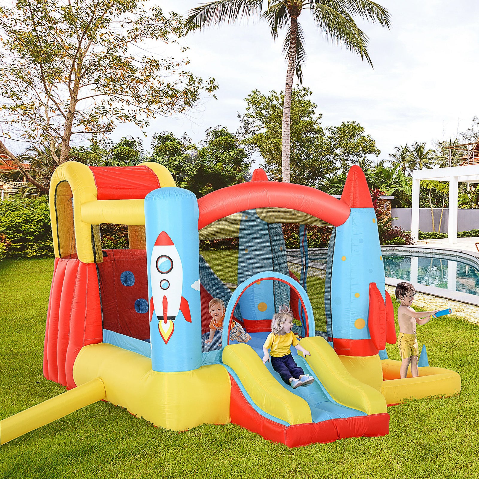 Bouncy Castle With Slide Pool Rocket Trampoline W/ Carrybag Blower