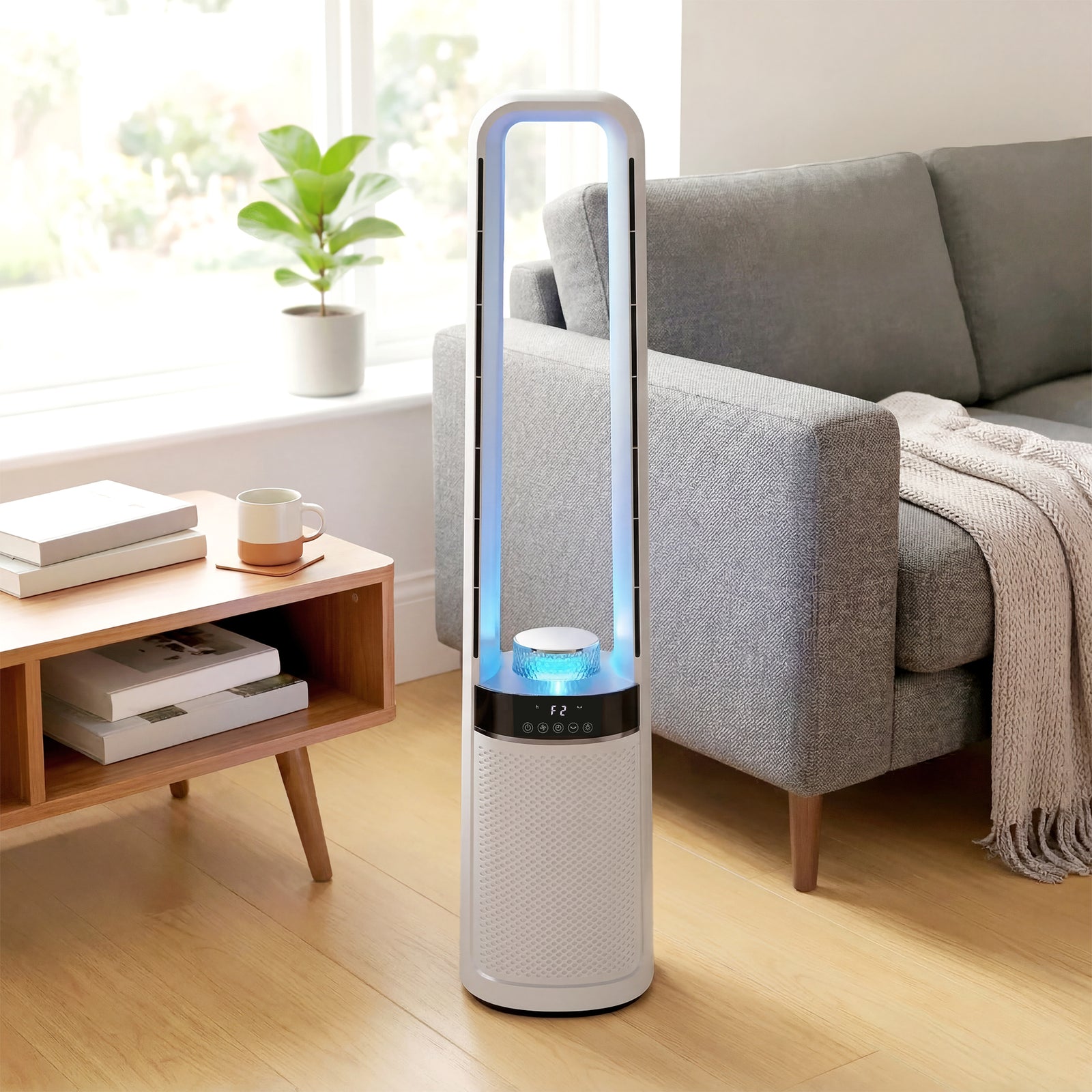HOMCOM Bladeless Tower Fan With 45° Oscillating, Led Lights, 3 Speeds, White