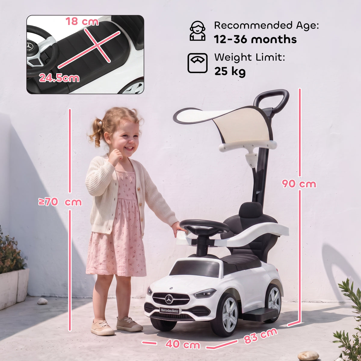AIYAPLAY 4 In 1 Licensed Mercedes-benz Ride On Push Car With Canopy