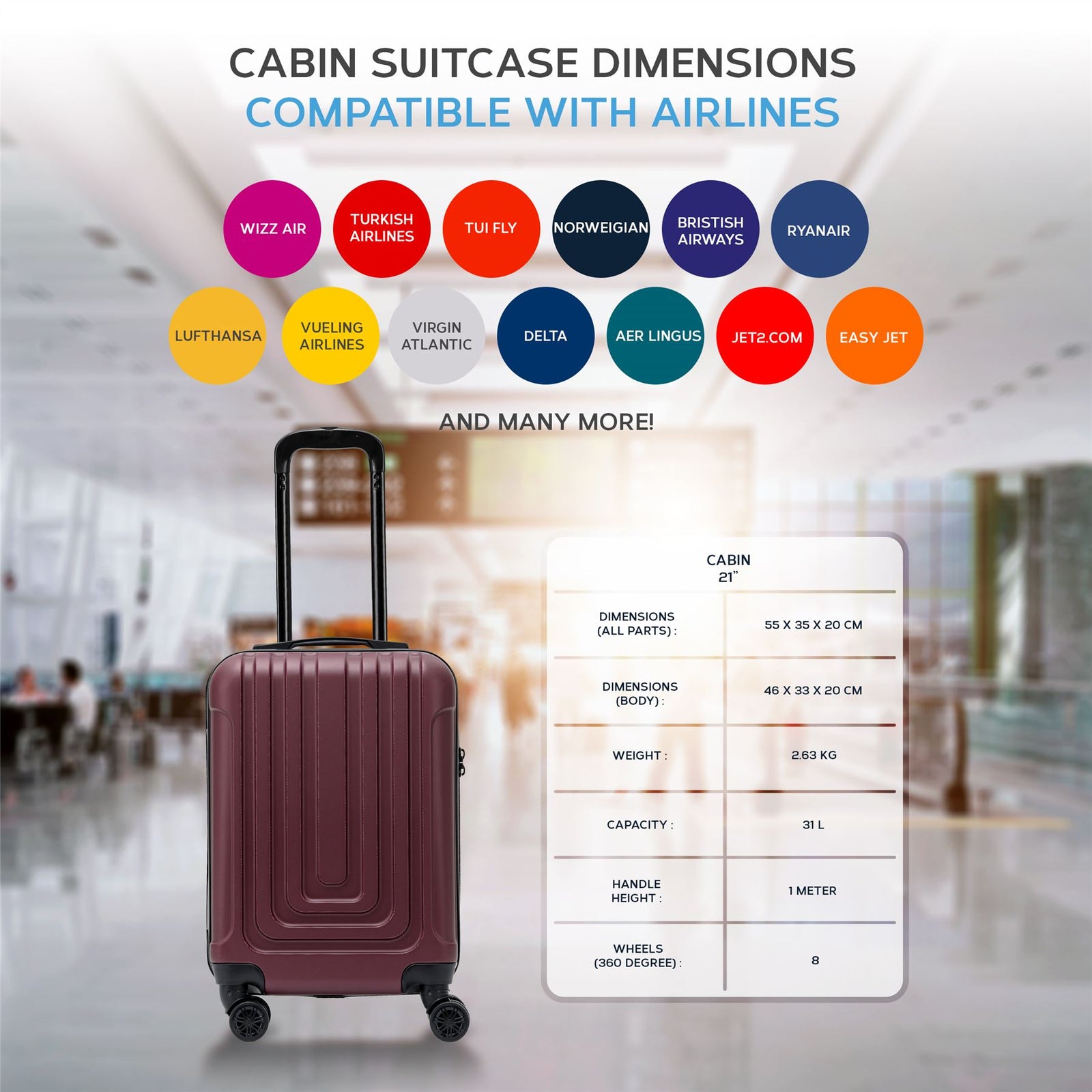 55x35x20cm Cabin Carry Bag Hard Shell Suitcase 100+ Airline Approved | Cabin | Burgundy