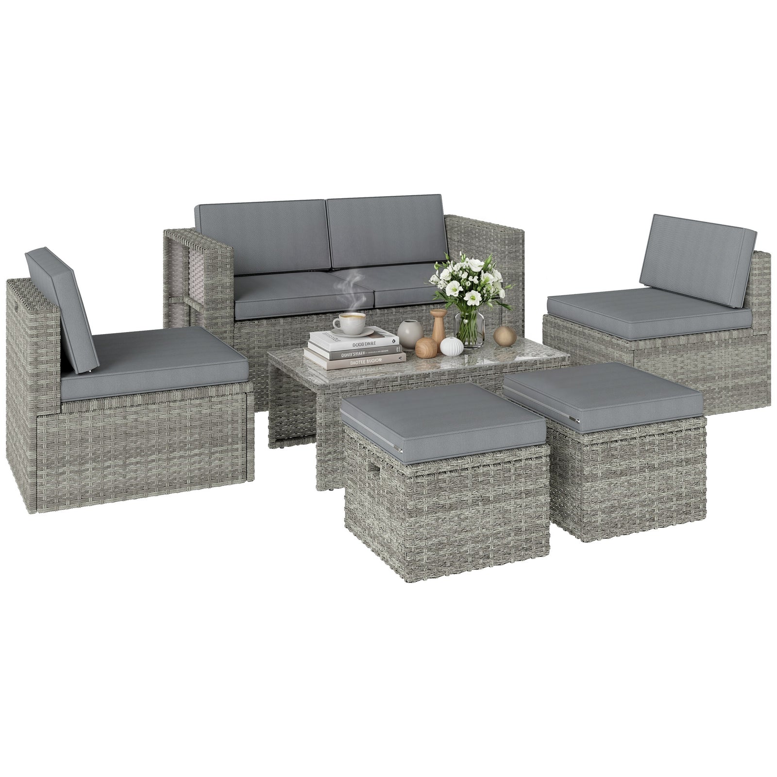 6 Piece Rattan Garden Furniture Set, Nesting Patio Conversation Set