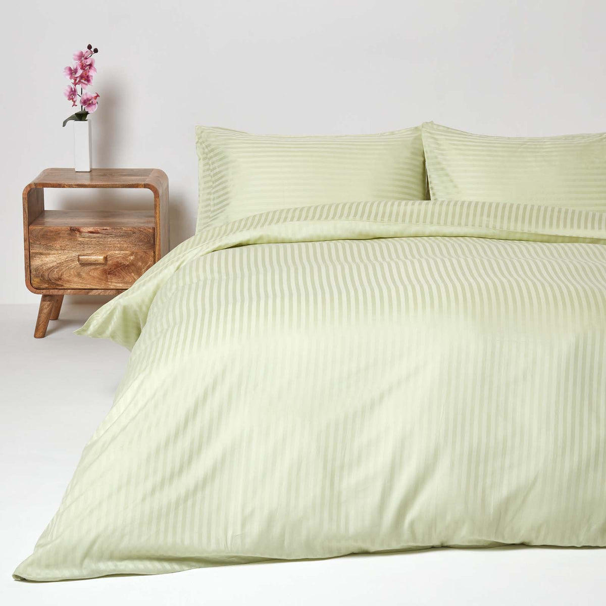 Egyptian Cotton Stripe Duvet Cover With Pillowcase, 330 Tc | Double | Sage Green
