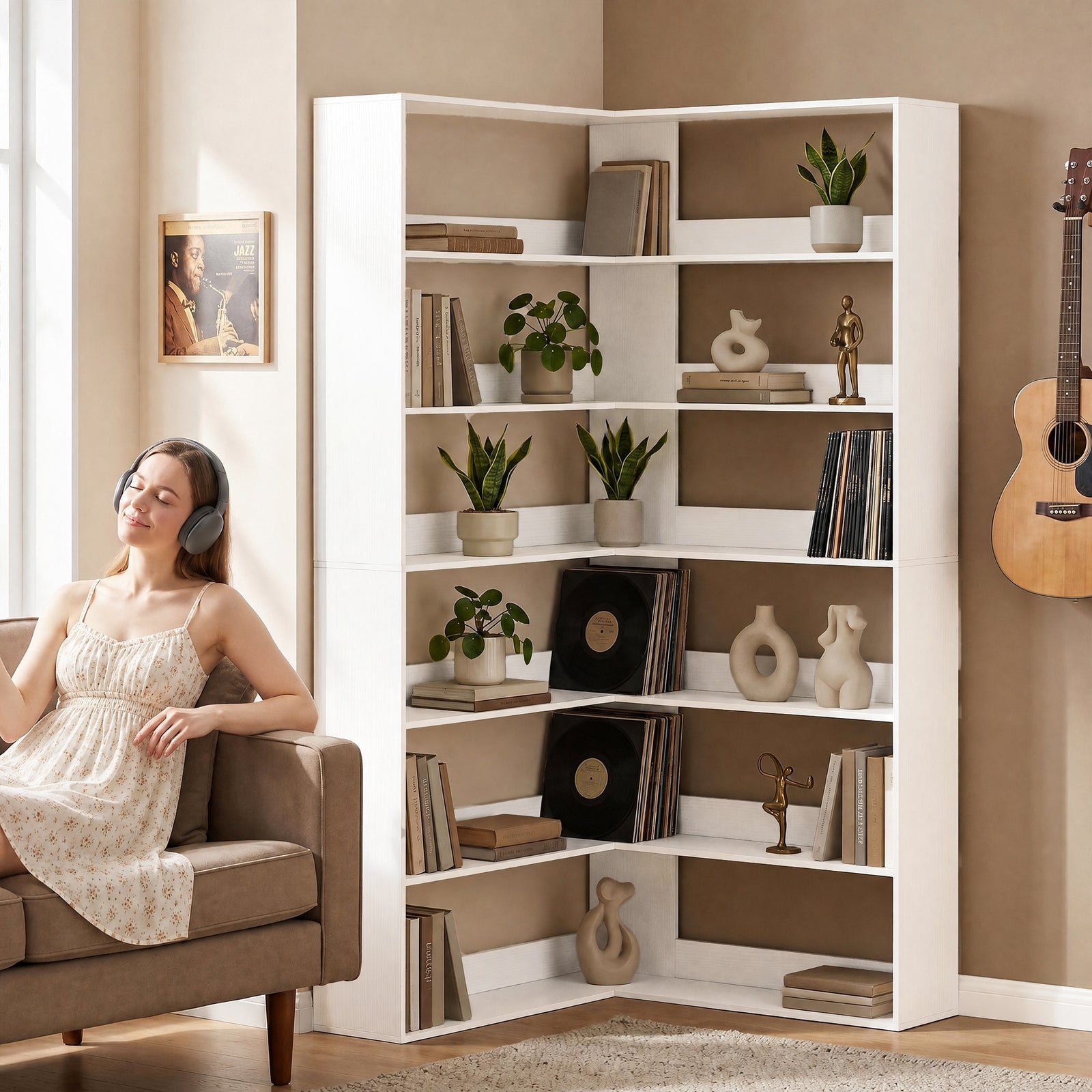 7 Tiers Corner Bookshelf, L-shaped | White