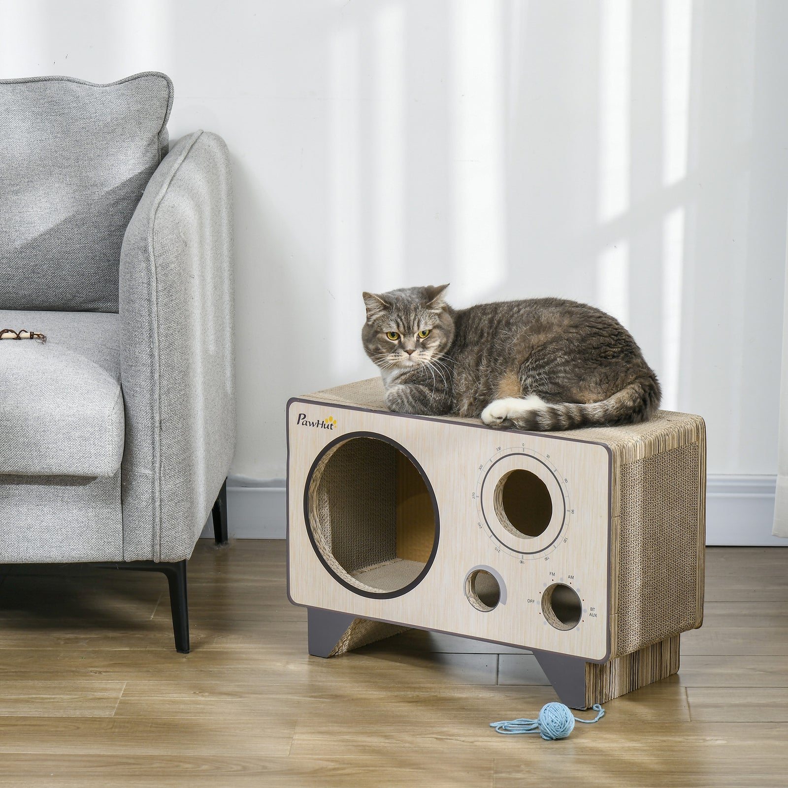 Radio Shape Cat Scratching Board With Catnip, Natural Wood Finish