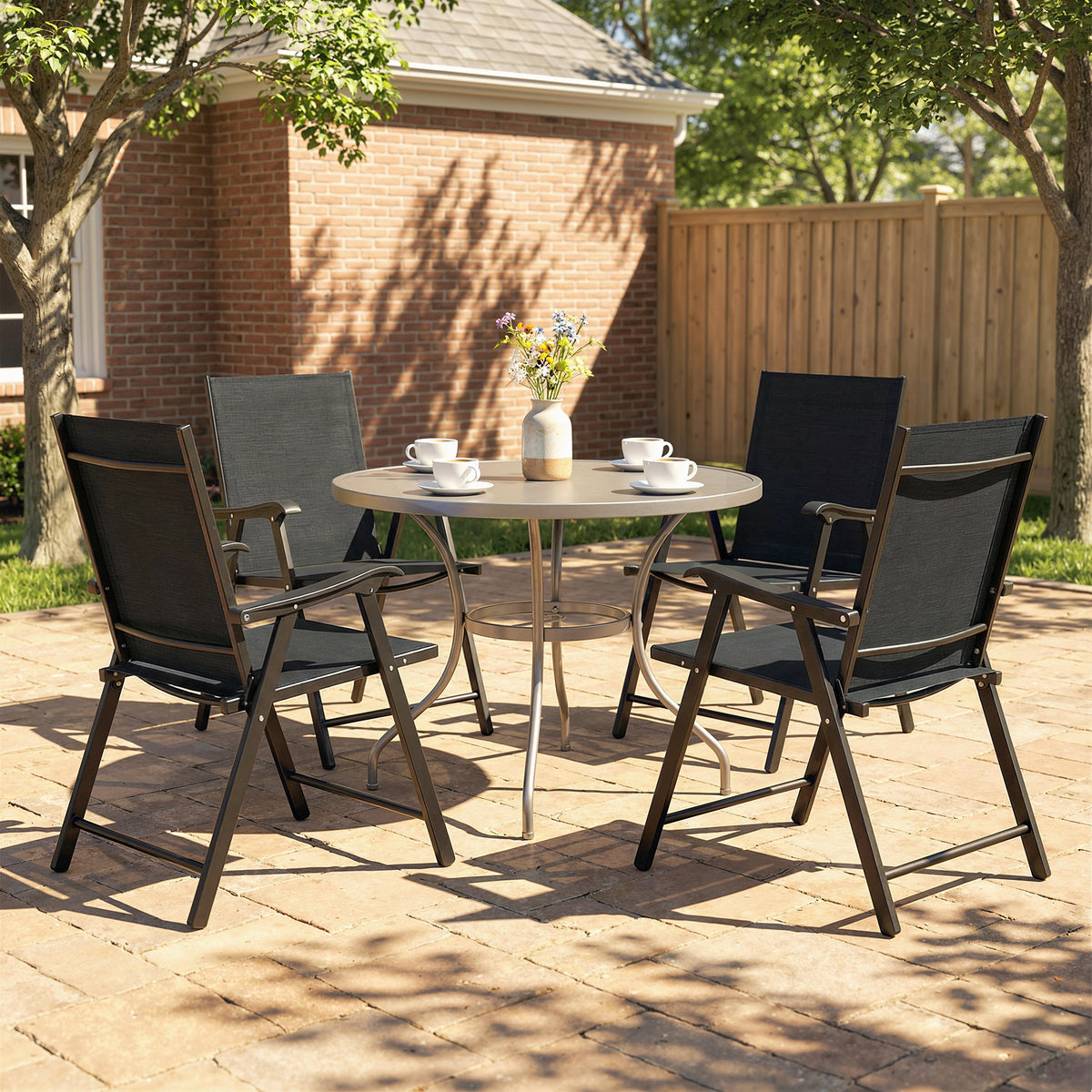 Folding Garden Chairs Set With High Back, Armrests | Set of 4 | Black