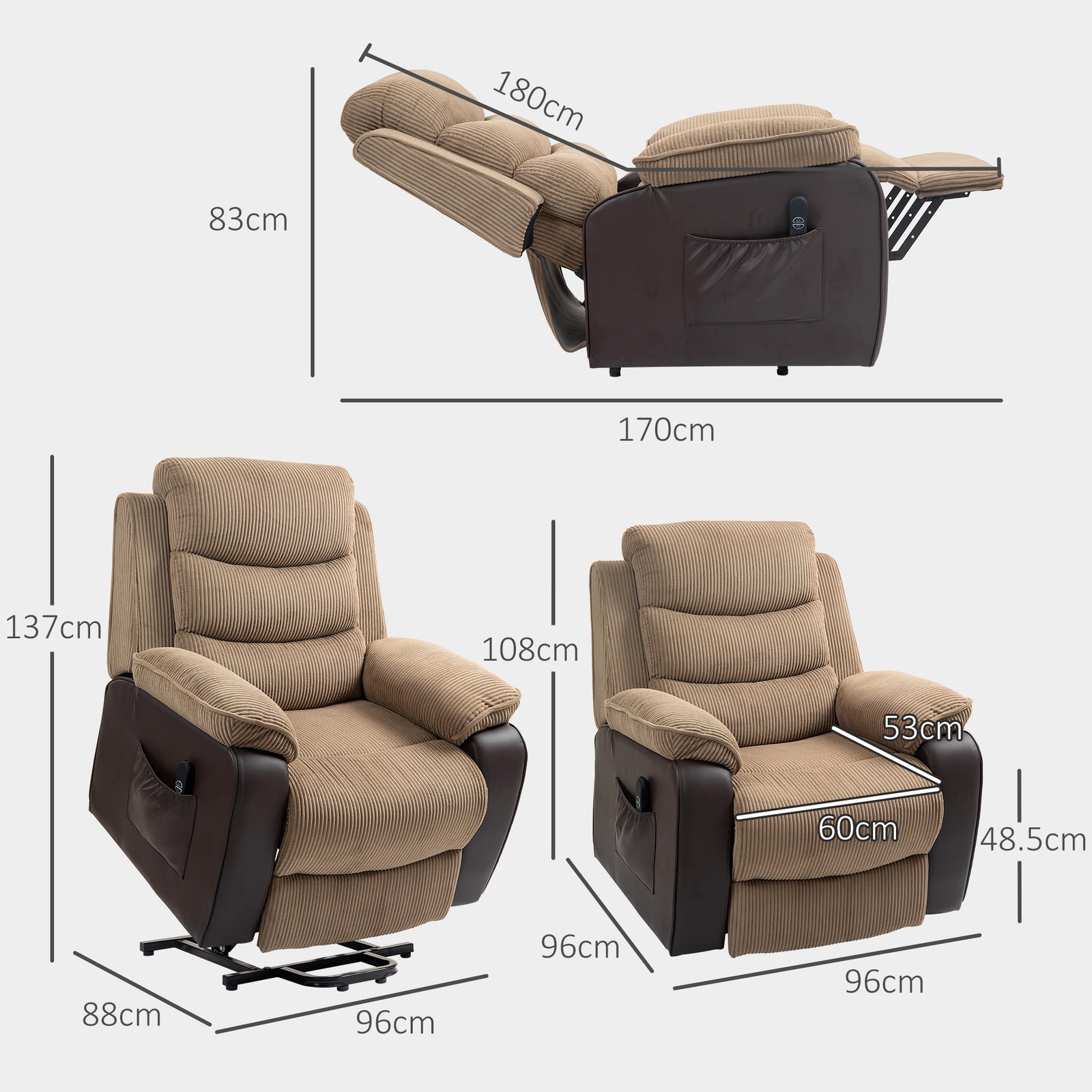Power Lift Recliner Chair With Remote Control 2 Side Pockets | One Size | Brown