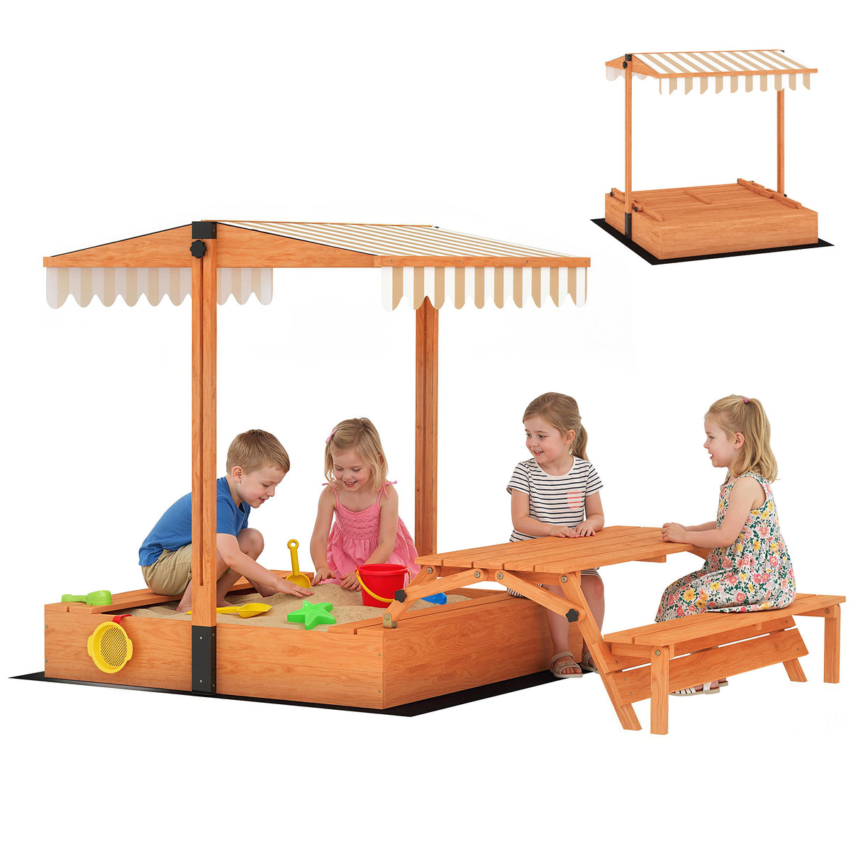 AIYAPLAY Kids Sand Pit With Lid, Wooden Sandpit With Foldable Picnic Table