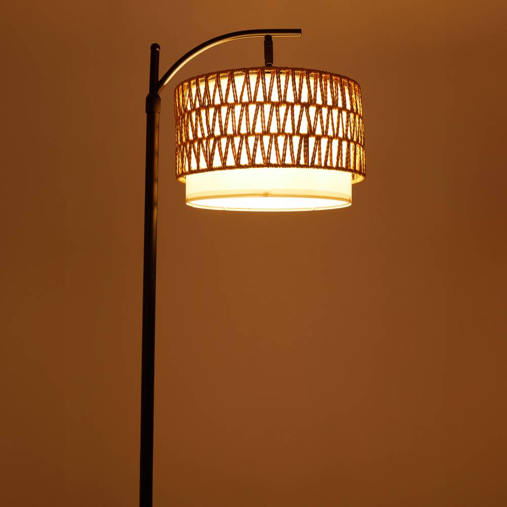 Hand-Woven Rattan and Fabric Floor Lamp – Adjustable Height Standing Light with Dual Lampshades for Warm and Modern Home Ambience