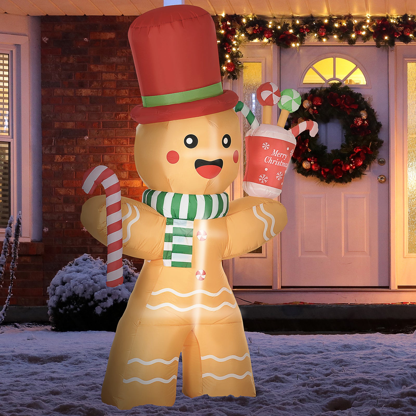 7.5ft Christmas Inflatables Gingerbread Man With Candy Cane