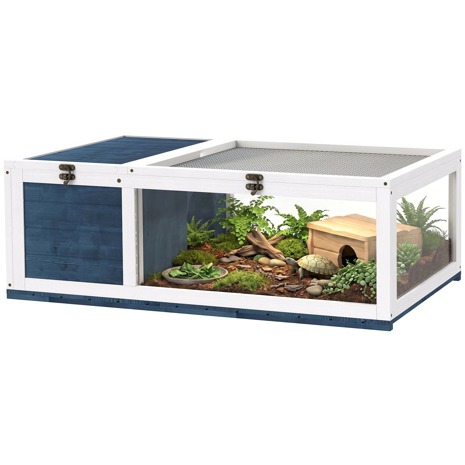 Tortoise House With Mesh Roof, Small Pet Reptile Wooden House | Blue