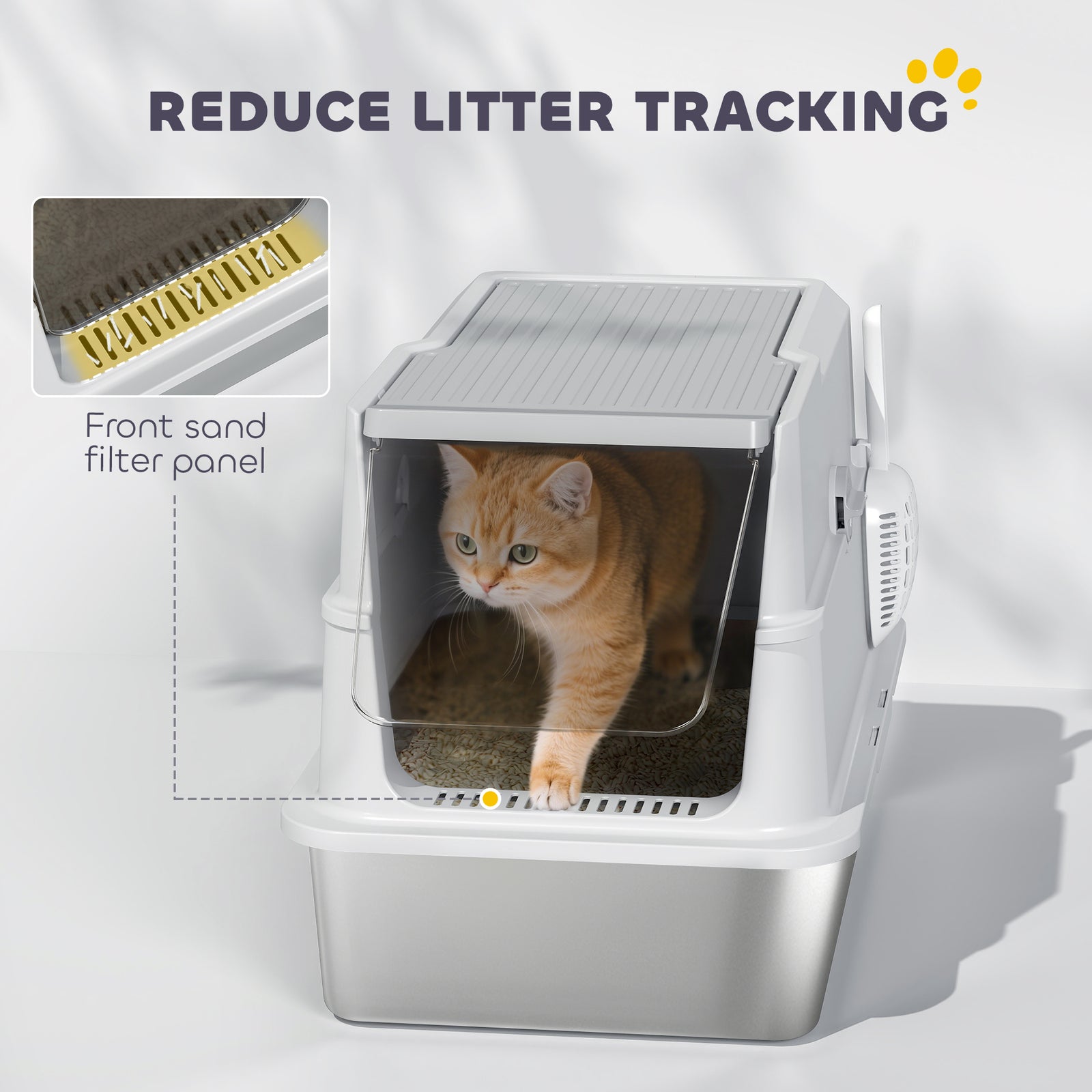 Extra Large Stainless Steel Cat Litter Tray With Scoop, Flip Top | Light Grey