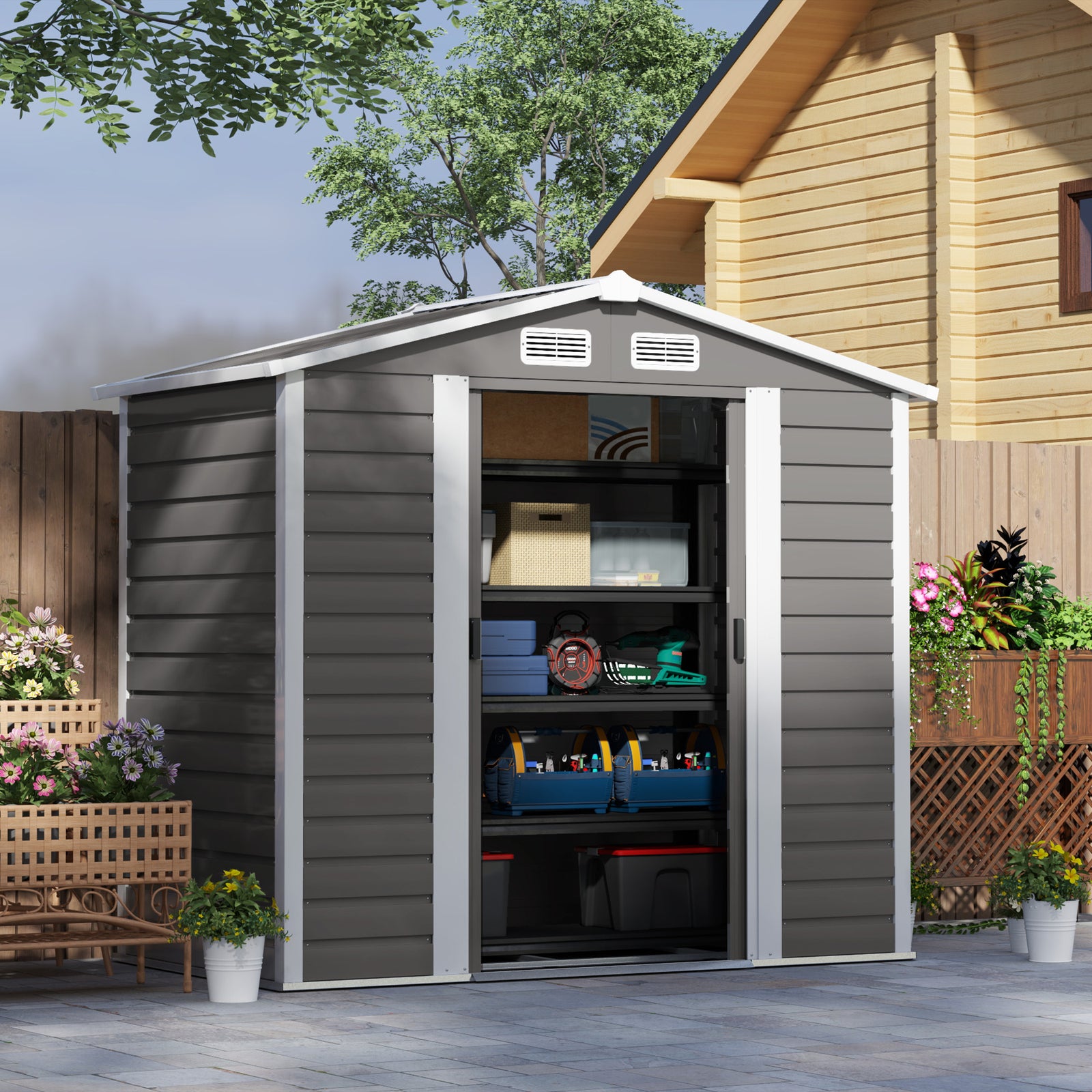 7 X 4ft Metal Garden Shed W/ Double Doors Gloves | Light Grey
