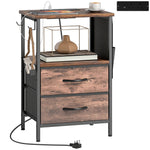 Slim Side Table With Charging Station, Bedside Table | Rustic Brown