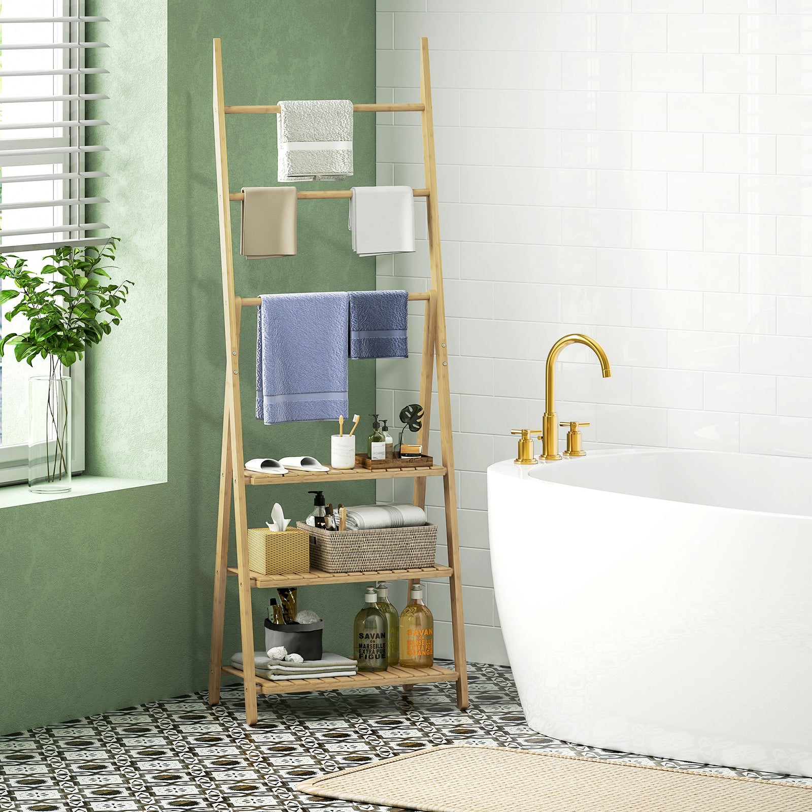 3-tier Folding Bamboo Bathroom Storage Shelving Towel Bars