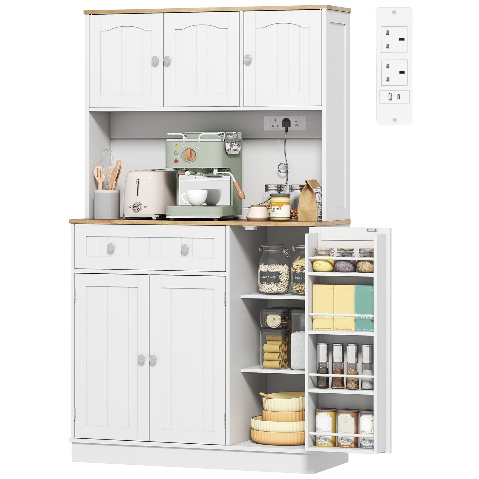 Pantry Storage Cabinet With Adjustable Shelves And 4 Door Racks | White