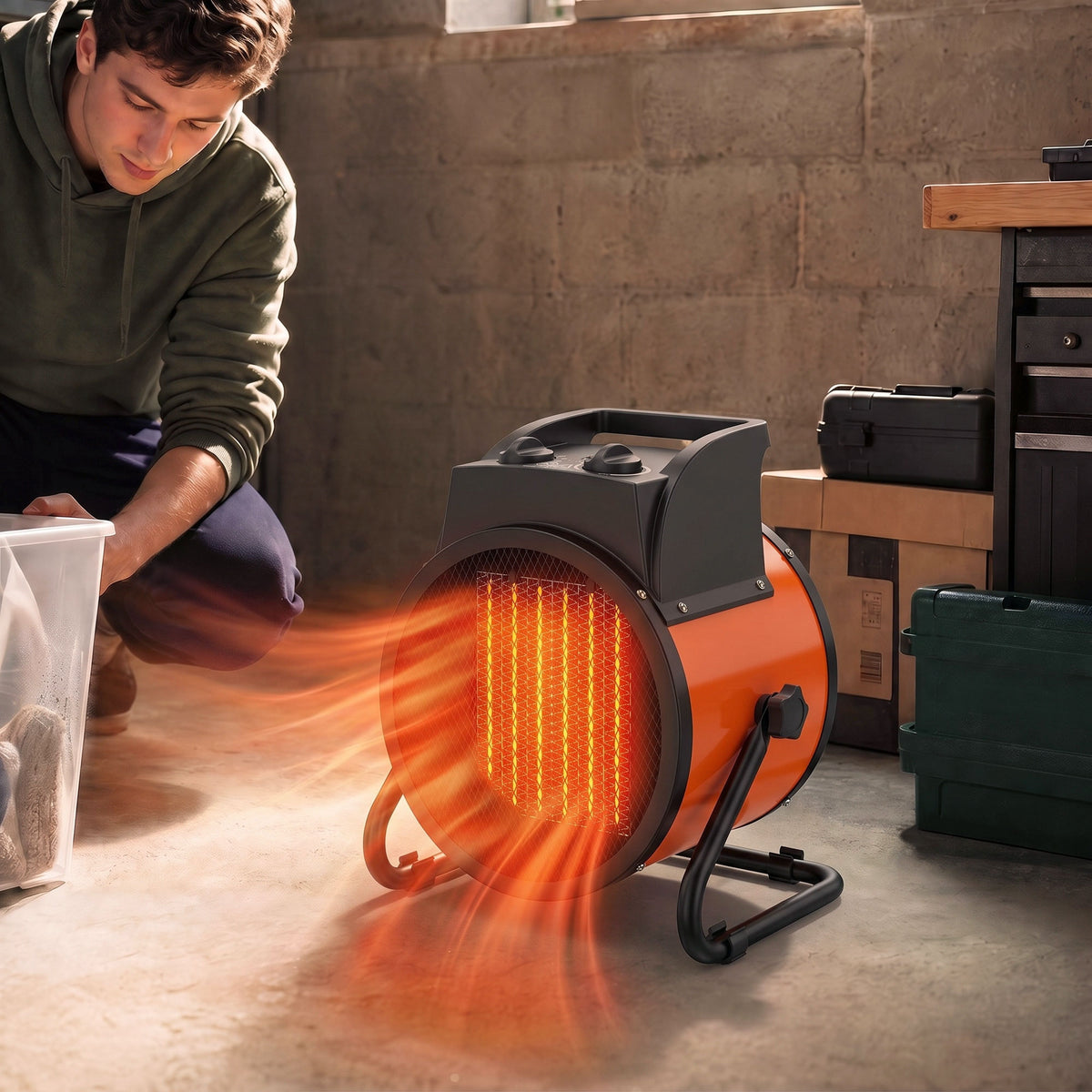 Industrial Fan Heater With Tilting, Adjustable Thermostat | 5000w | Orange
