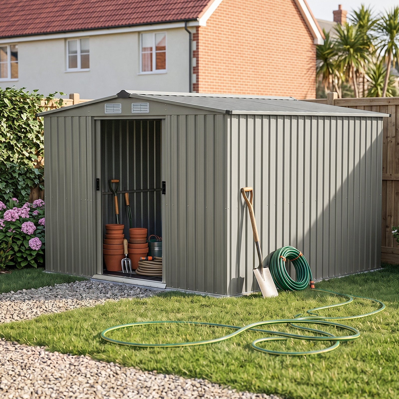 Breeins 8x8FT Apex Roof Metal Garden Storage Shed with Sliding Door