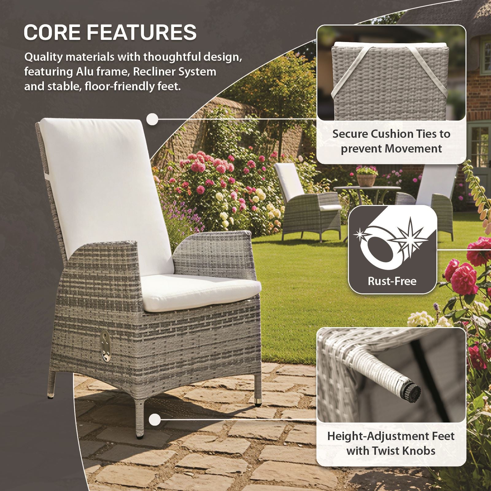 Lisbon Pack Of Rattan Reclining Dining Chairs | Set-of-2 | Mixed Grey