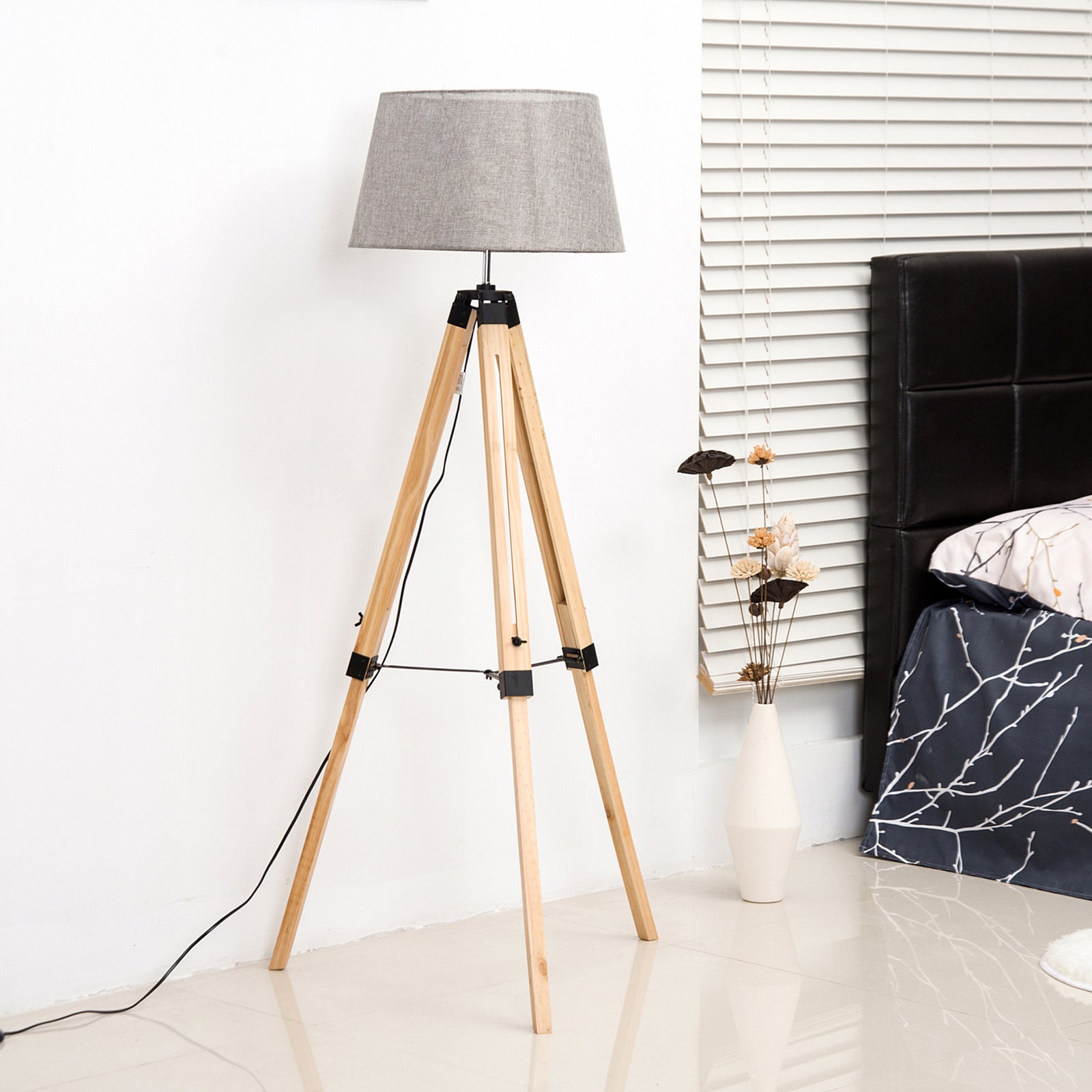 Tripod Floor Lamp With Linen Shade Pinewood Legs Adjustable