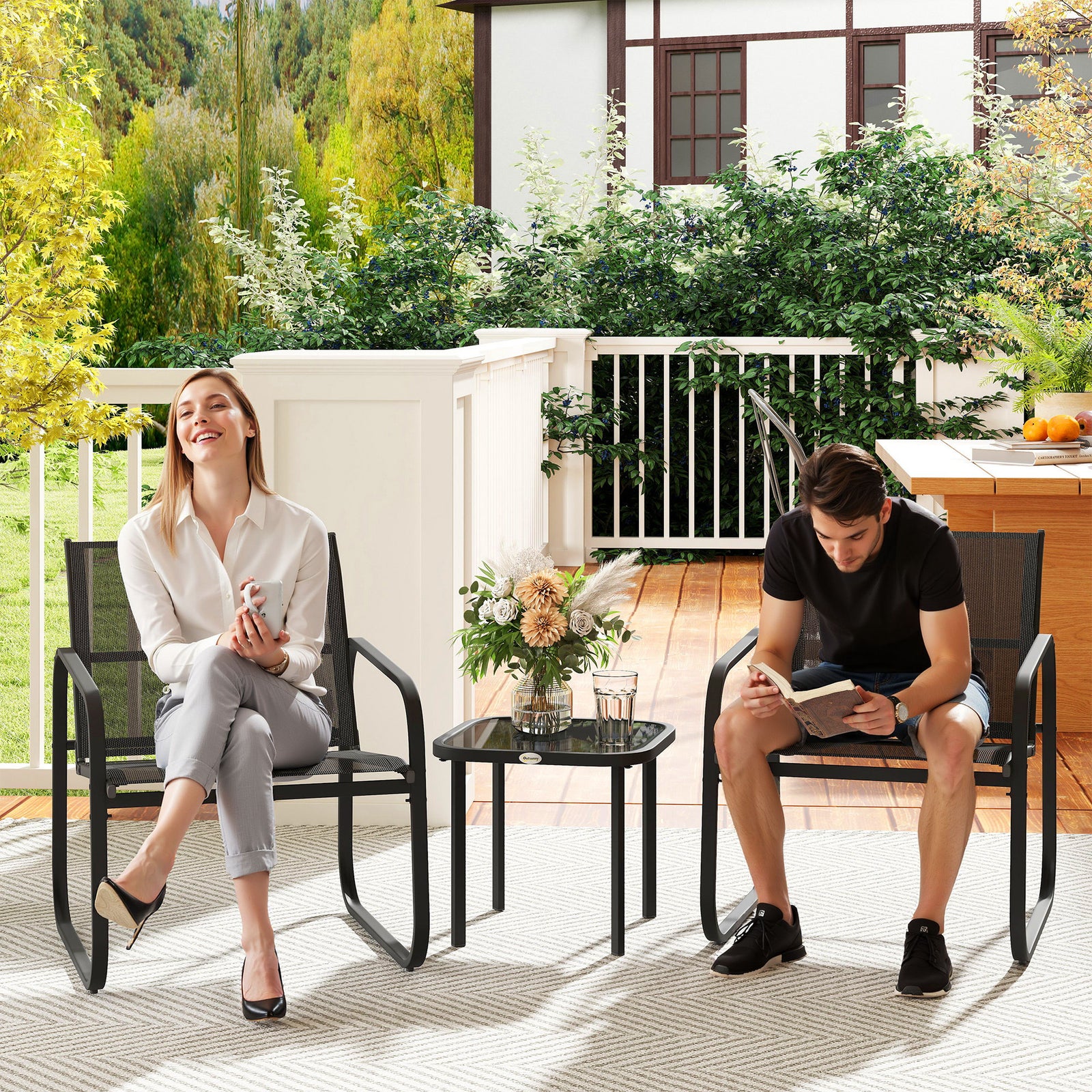 Garden Bistro Set, Metal Garden Furniture Set W/ Mesh Chairs