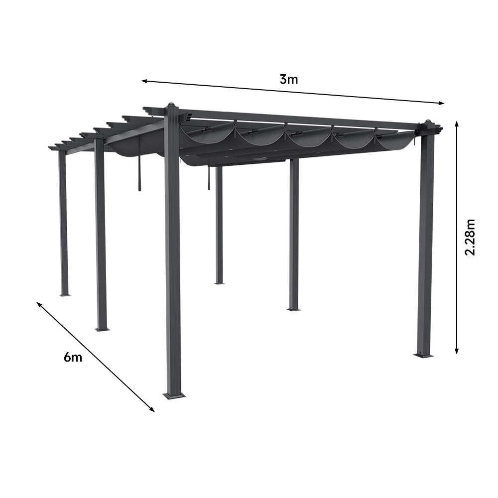 6m X 3m Aluminium Pergola With Retractable Roof,with Pu-coated Polyester,charcoal Grey,outdoor Garden Gazebos Water-resistant
