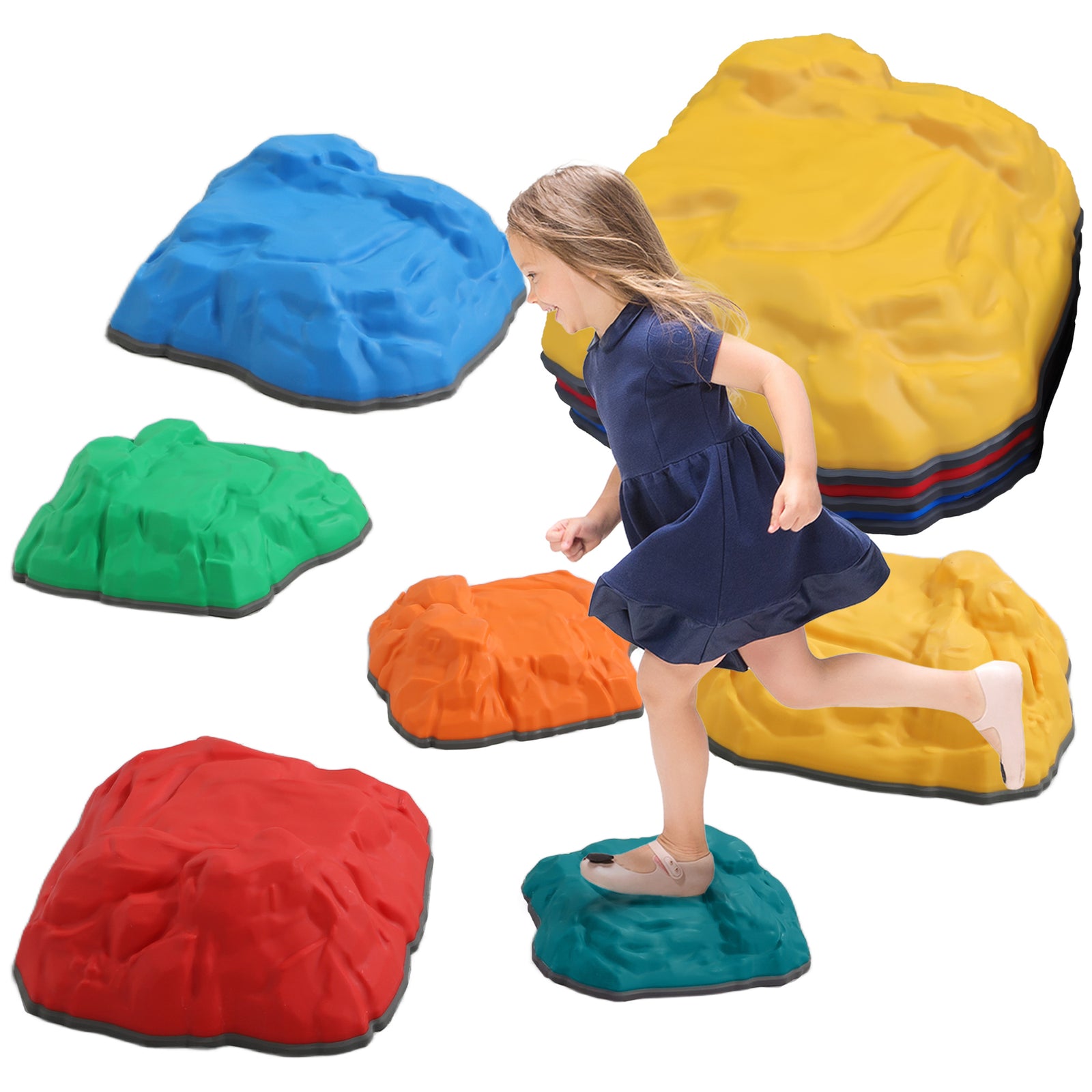 Balance Stepping Stones For Kids, River Stones With Non-slip Bottom | Set-of-6 | Blue & Yellow