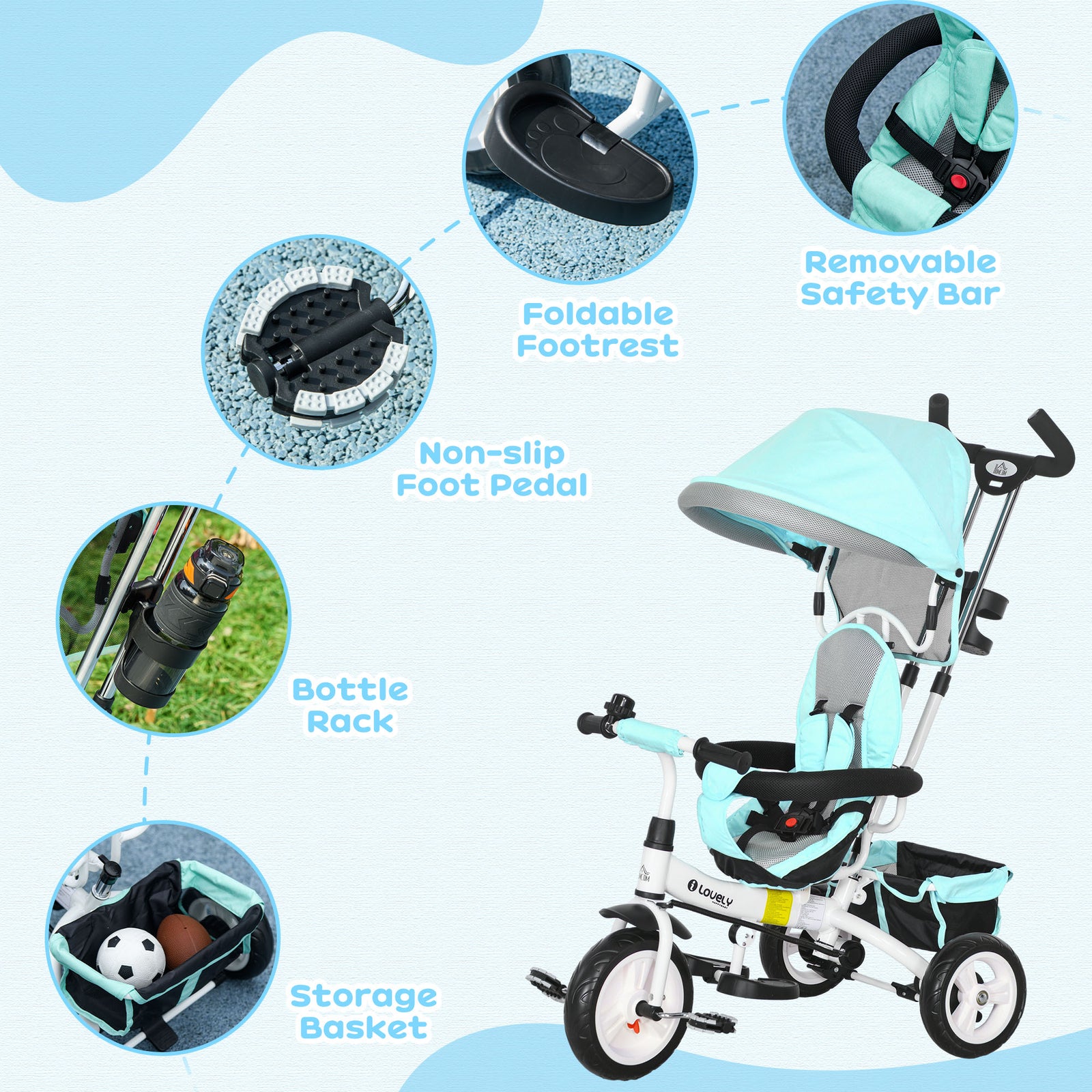 6 In 1 Kids Trike, Stroller With Parent Handle | Green