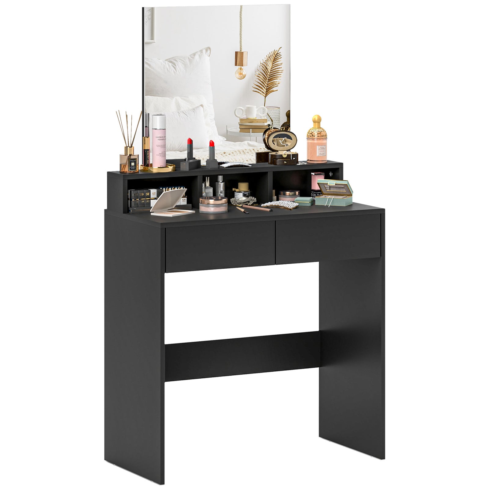 Dressing Table With Mirror, Drawers, For Bedroom, Black