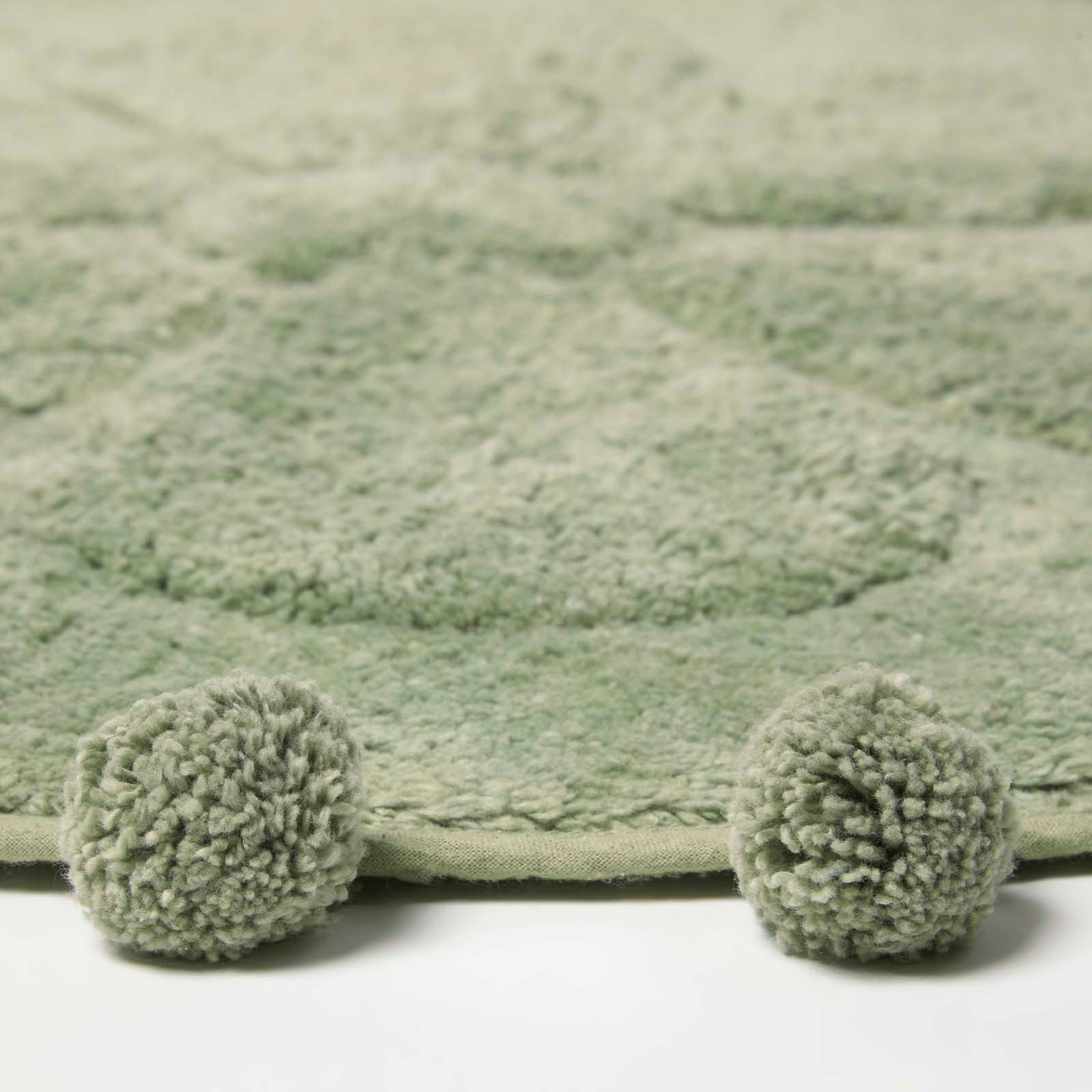 Floral Tufted Round Bathmat With Pom Poms | 60cm | Sage Green