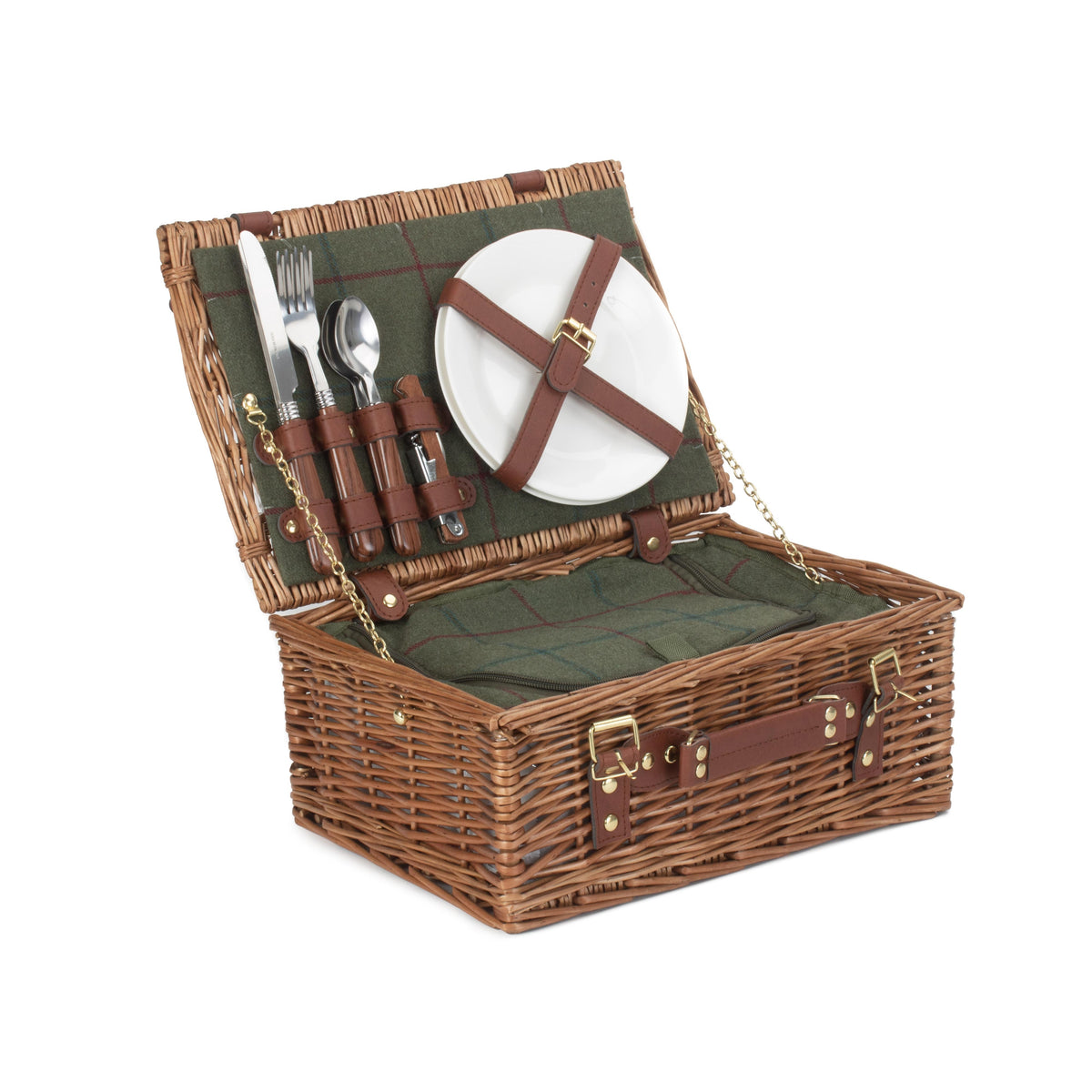 Green Tweed Classic Picnic Wicker Basket | 2 Person | Green