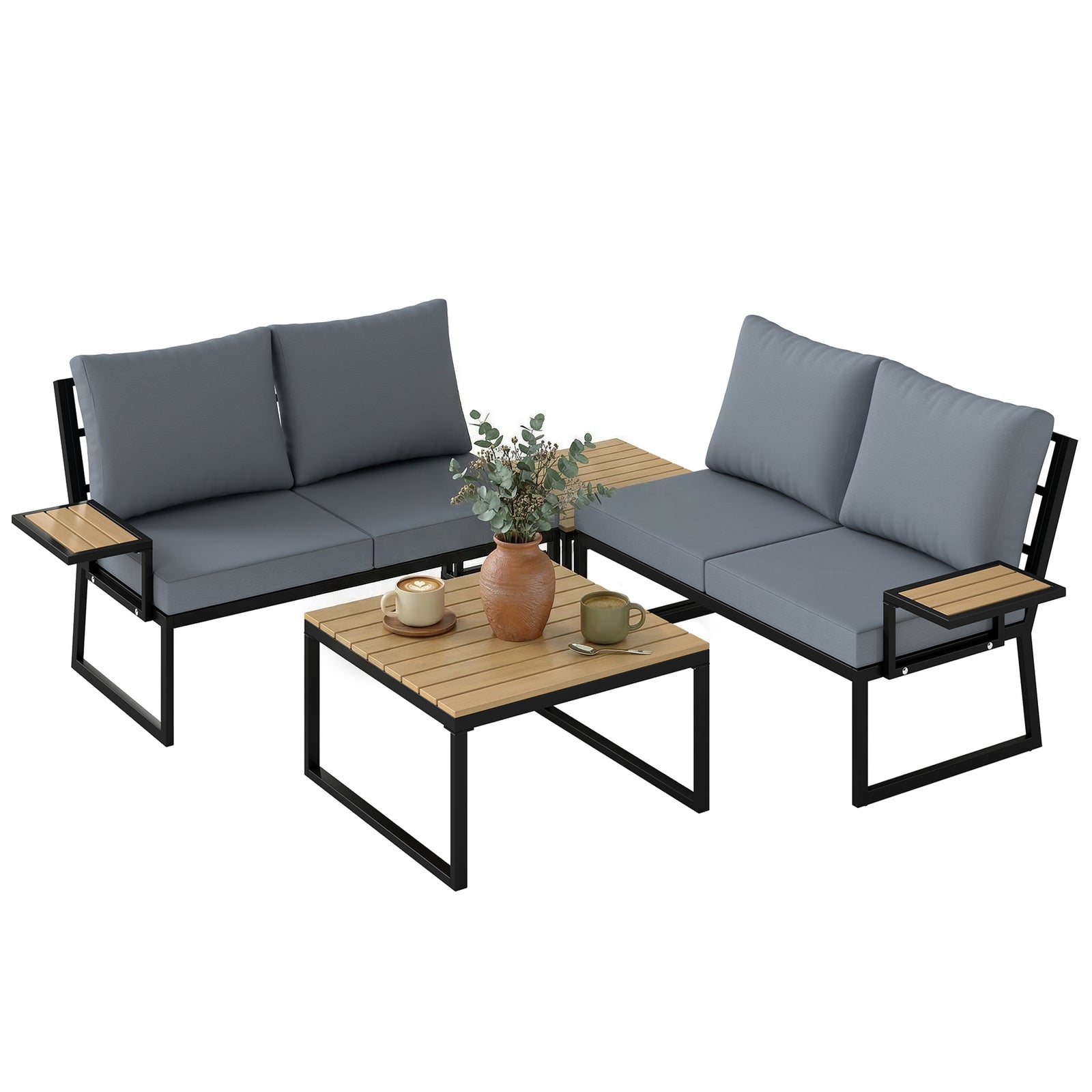 4 Seater Metal Garden Furniture Sofa Set, Nesting Tables, Teak