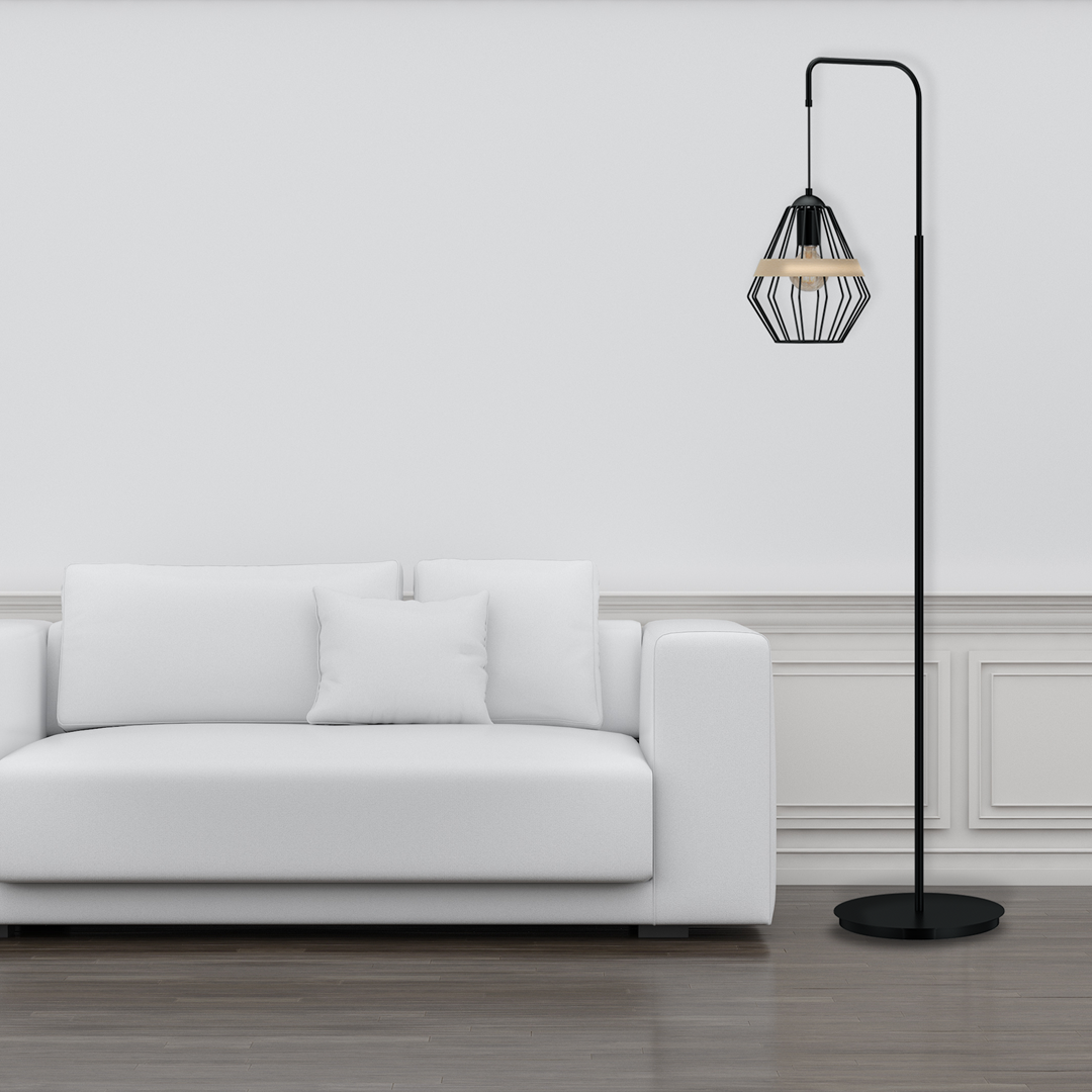 Cliff Black Floor Lamp Hand Made Matt Black Cage Style Lamp With Natural Wood Detail