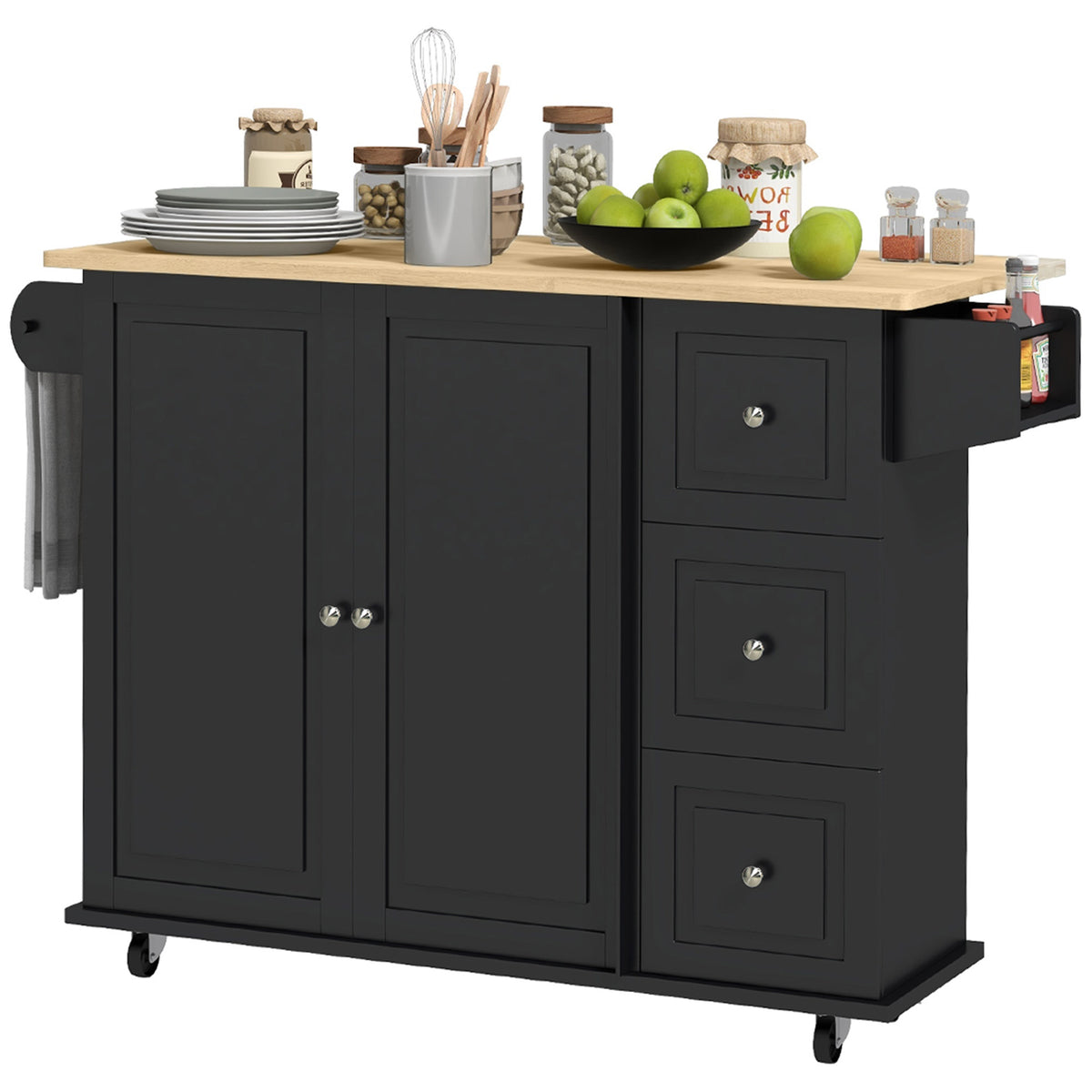 HOMCOM Kitchen Island On Wheels, Kitchen Cart With Drop Leaf, Black
