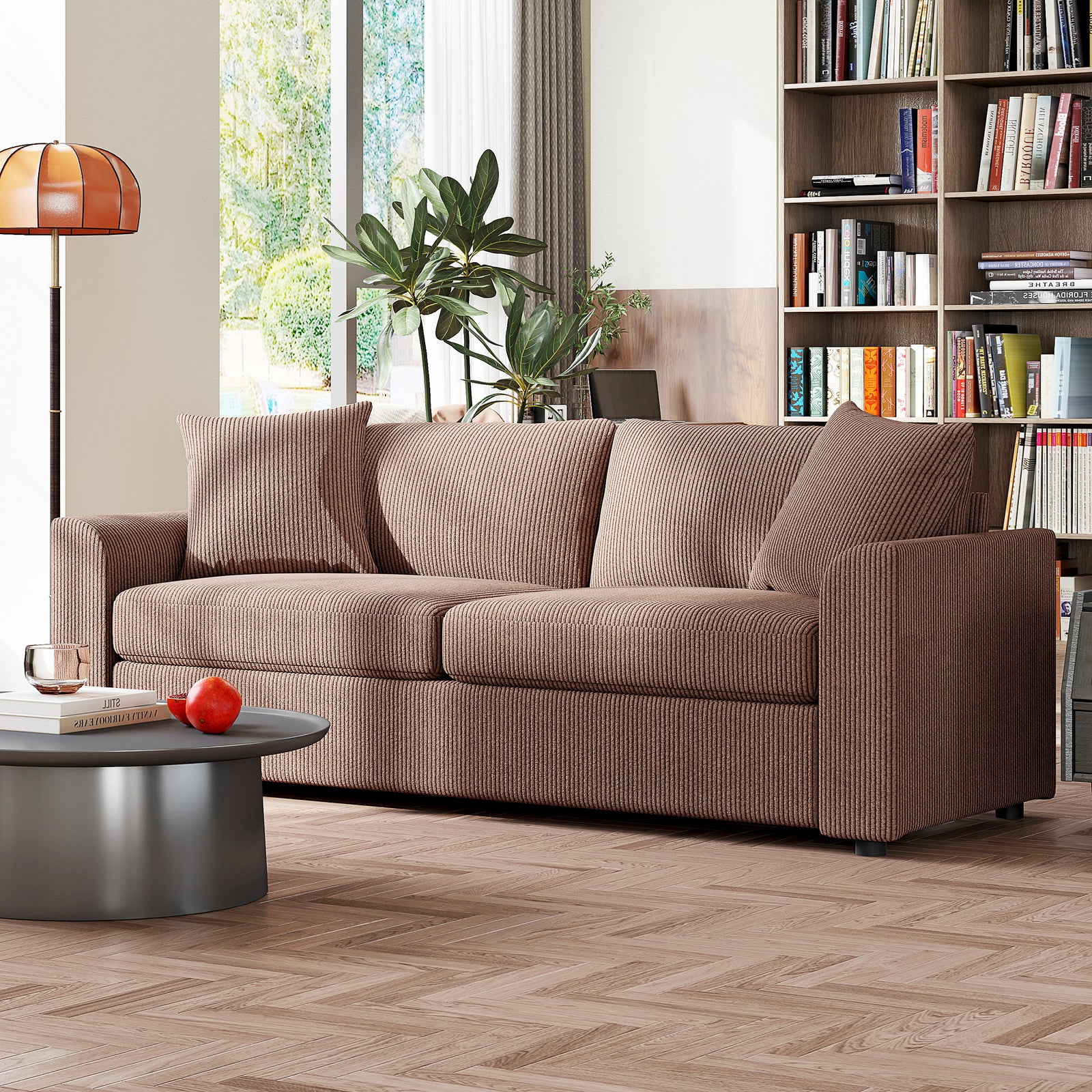 212 Cm Upholstered Jumbo Cord Sofa Couch With Spring Cushion | Brown