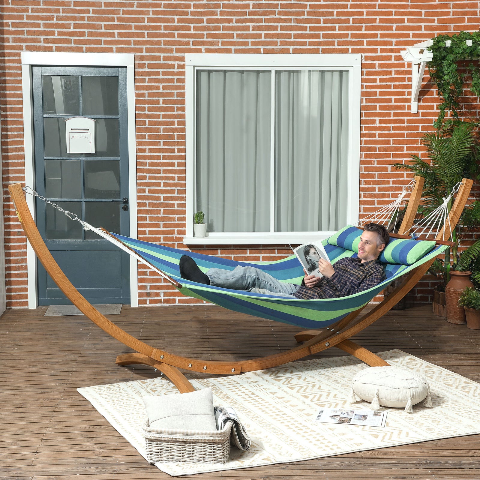 Outdoor Hammock W/ Wooden Stand, Blue