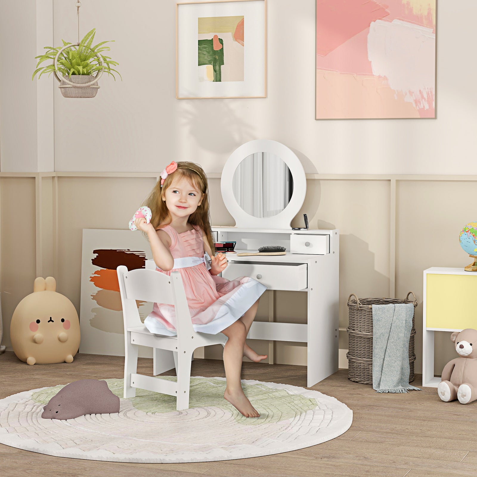 Kids Dressing Table Set W/ Stool, Mirror, Drawers - White