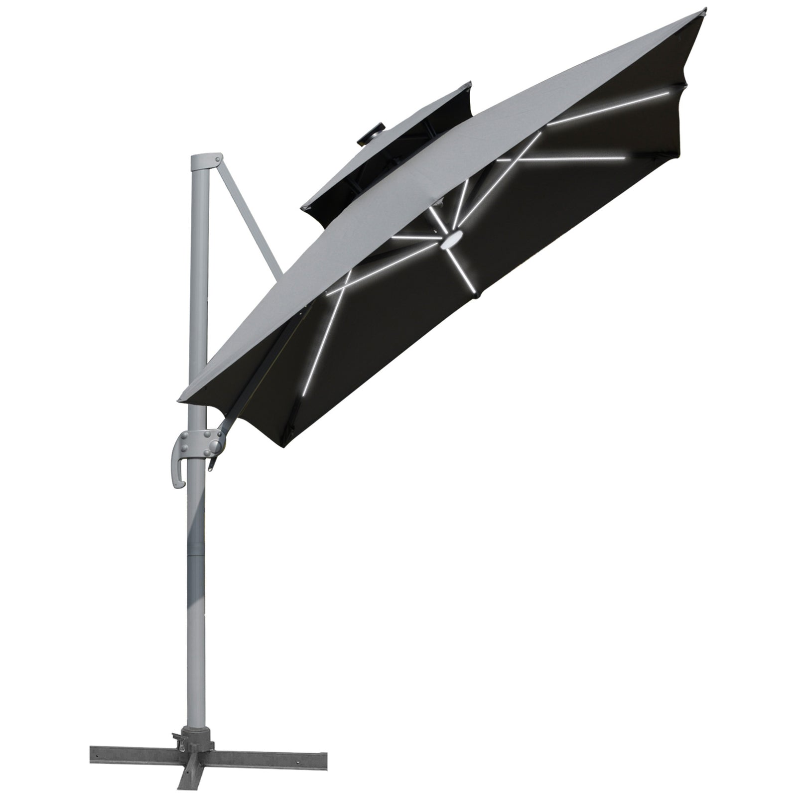 3m Cantilever Parasol W/ Solar Led, Crank, Cross Base