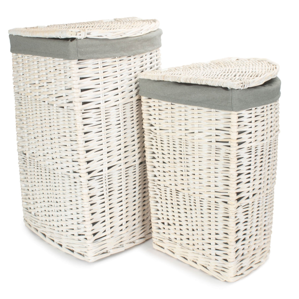Corner White Wash Laundry Hamper With Grey Sage Lining | Set-of-2