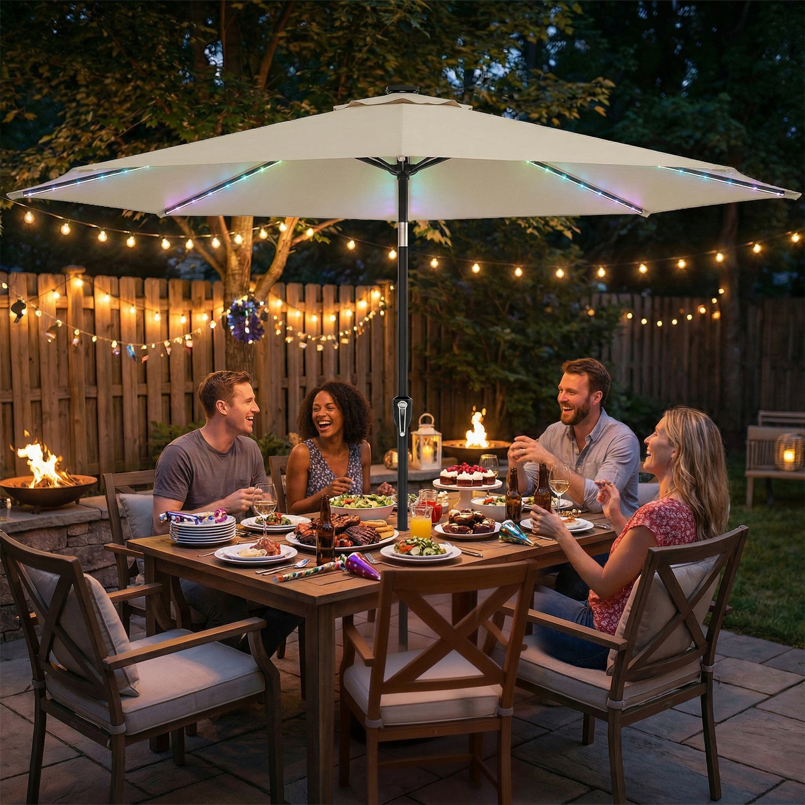3 M Garden Parasol Umbrella With Led Lights, Patio Umbrella | Beige