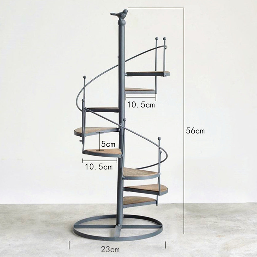 Spiral Staircase Metal Plant Stand Vintage Black Iron Plant Display Rack With Wooden Shelves