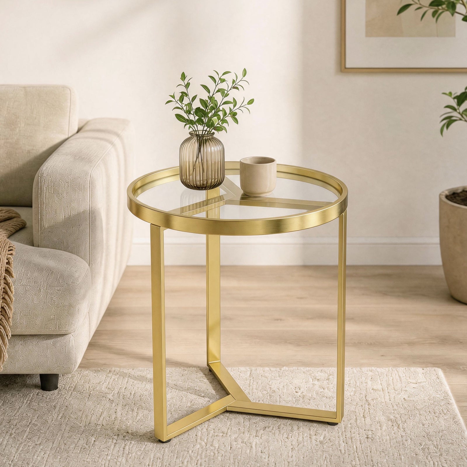 Round Side Table With Tempered Glass Top And Metal Frame | Gold