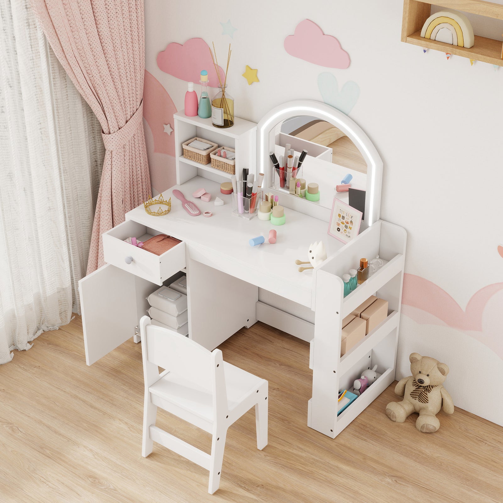 Girls Dressing Table With 2-colour Led Mirror And Stool | White